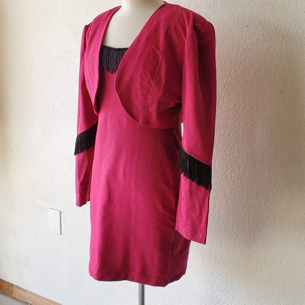 Vintage SEEDS 90s 2 Piece Western Cowgirl Dolly Pink Black Fringe Dress Set M - Picture 3 of 10